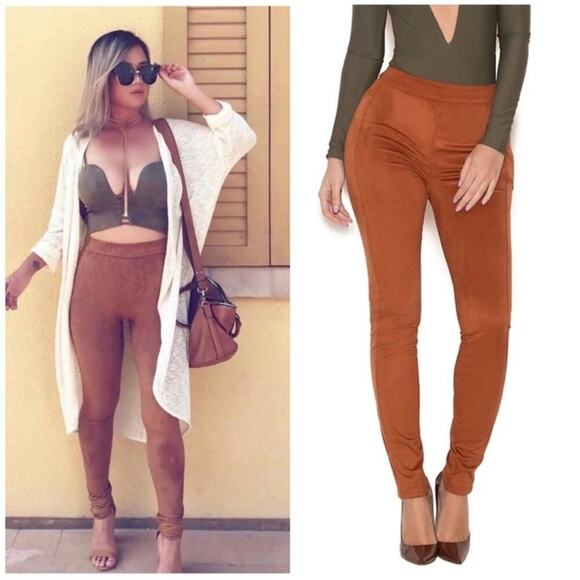 HOUSE OF CB Sazan Faux Suede High Rise Skinny Leg Legging Pants - Picture 1 of 10